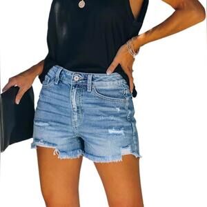 NWT CME SHOWU 5 Pocket Mid Rise Distressed Jean Shorts, Large